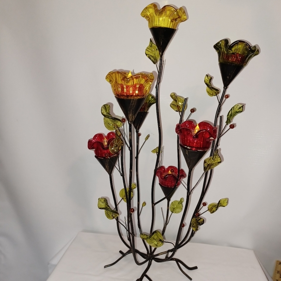 Elegant Vintage Floral Glass & Wrought Iron Tealight Holder Art Sculpture Decor - Picture 2 of 12